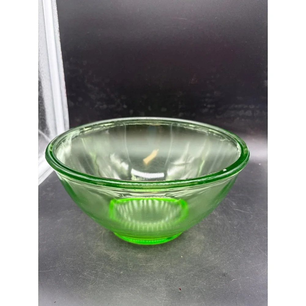 Vintage Hazel-Atlas Green Uranium Glass Mixing Bowl Ribbed Depression Glass 8.5